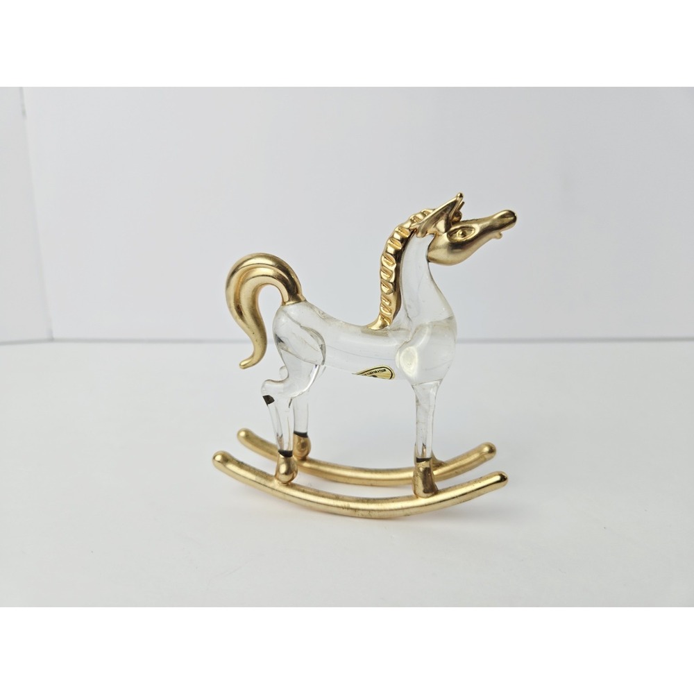 Hand Blown glass gold tone‎ accents rocking horse figurine